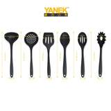 Yanek 6-Piece Silicon Kitchen Utensil Set - Non-Scratch Slotted Spatula, Slotted Spoon, Spaghetti Server, Serving Spoon, Soup Ladle for Cooking, Stirring, & Serving - Perfect Nonstick Cookware (Black)