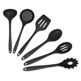 Yanek 6-Piece Silicon Kitchen Utensil Set - Non-Scratch Slotted Spatula, Slotted Spoon, Spaghetti Server, Serving Spoon, Soup Ladle for Cooking, Stirring, & Serving - Perfect Nonstick Cookware (Black)