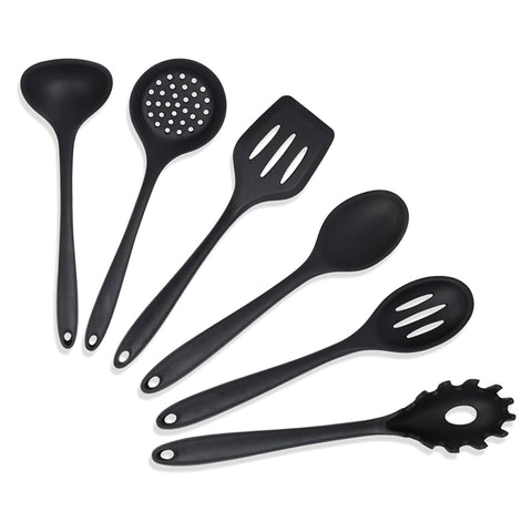 Yanek 6-Piece Silicon Kitchen Utensil Set - Non-Scratch Slotted Spatula, Slotted Spoon, Spaghetti Server, Serving Spoon, Soup Ladle for Cooking, Stirring, & Serving - Perfect Nonstick Cookware (Black)