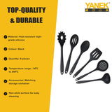 Yanek 6-Piece Silicon Kitchen Utensil Set - Non-Scratch Slotted Spatula, Slotted Spoon, Spaghetti Server, Serving Spoon, Soup Ladle for Cooking, Stirring, & Serving - Perfect Nonstick Cookware (Black)