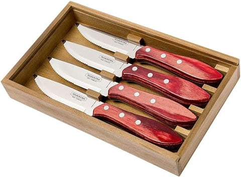 Tramontina steak knife 29899/522 set of 4 woth a woden box - Red