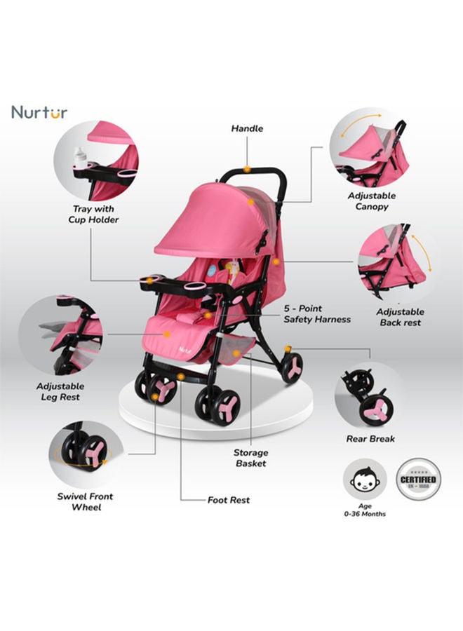 Nurtur Ryder Lightweight Baby Stroller Storage Basket Detachable Food Tray 5 Point Harness Adjustable Canopy Adjustable Reclining Seat And Leg Rest