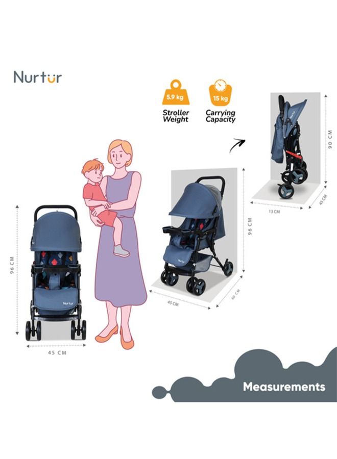 Nurtur Ryder Lightweight Baby Stroller Storage Basket Detachable Food Tray 5 Point Harness Adjustable Canopy Adjustable Reclining Seat And Leg Rest