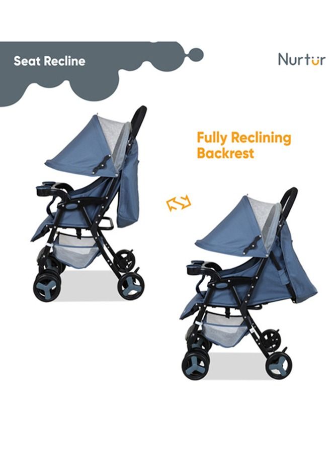 Nurtur Ryder Lightweight Baby Stroller Storage Basket Detachable Food Tray 5 Point Harness Adjustable Canopy Adjustable Reclining Seat And Leg Rest