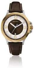 Nautica A20031G Men's Brushed Silver & Gold Watch with Brown Croco Pattern Leather Strap