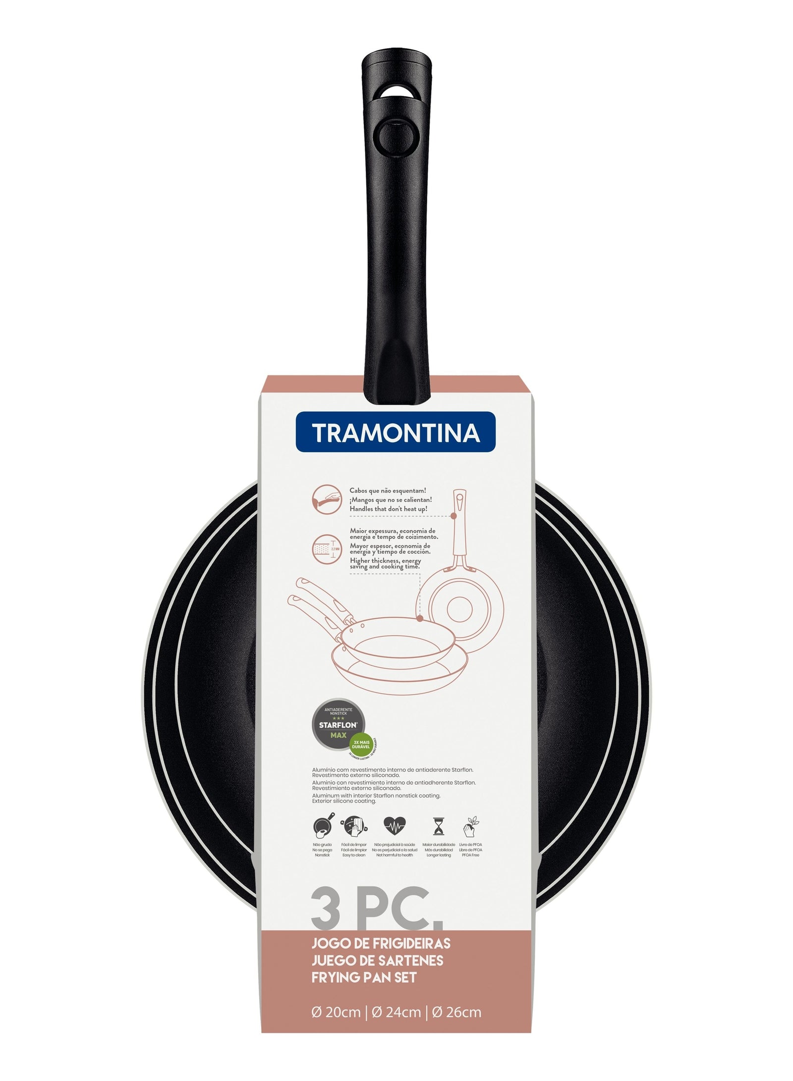 TRAMONTINA 3 Pieces Black Aluminum Frying Pan Set with Interior Starflon Max PFOA Free Nonstick Coating and Exterior Silicon Coating 20cm + 24cm + 26cm