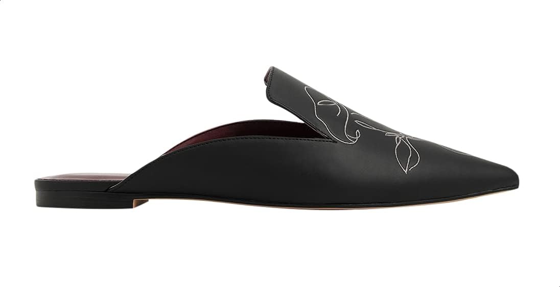 CHARLES & KEITH Floral Embroidered Pointed Toe Faux Leather Slip-On Mules for Women