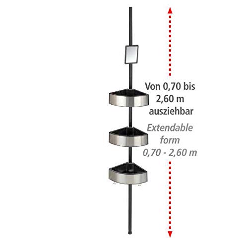 WENKO Premium Telescopic Shower Corner Rack, Aluminium, Extendible, Adjustable Bathroom Storage Compartment, 27.5x70-260x20cm, Satinised