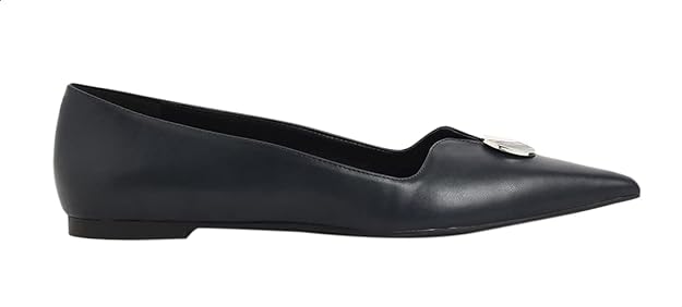 CHARLES & KEITH Women's Front Button Pointed Toe Flat Faux Leather Ballerinas - Dark Blue