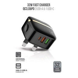 Voz VZWPD02 32W PD+QC 3.0 Port Three Wall Charger Black