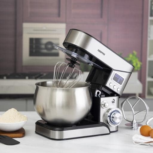 Geepas Digital Multi Function Kitchen Machine, GSM43046 6 Speed Control Electric Mixer with Dough Hook, Whisk, Beater 5L Stainless Steel Bowl Lid 1300W Powerful Motor, Silver