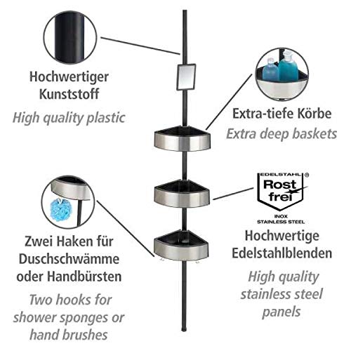 WENKO Premium Telescopic Shower Corner Rack, Aluminium, Extendible, Adjustable Bathroom Storage Compartment, 27.5x70-260x20cm, Satinised