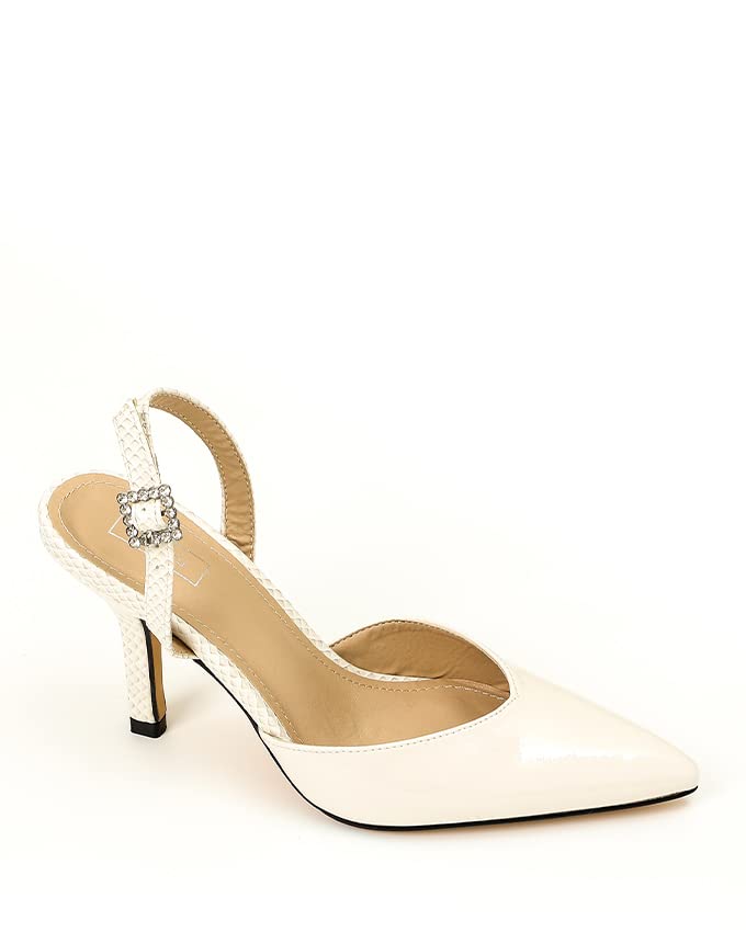 Dejavu Shiny Pointed Toe Heels With Reptile Slingback - Pale Beige - 40