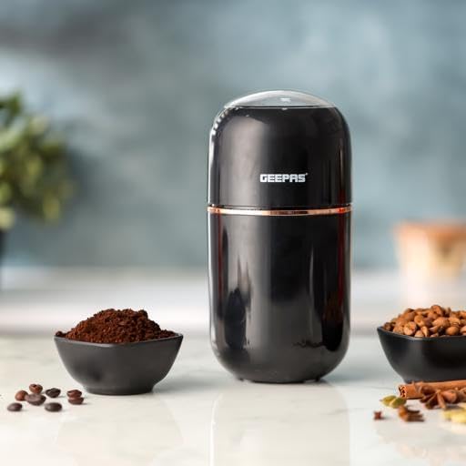 Geepas Coffee Grinder- GCG41023/ 80 g Capacity, 200 W Powerful Motor, Durable Stainless Steel Jar and Blade/Ergonomic Grip, Perfect for Grinding Coffee Beans, Spices etc./ Black