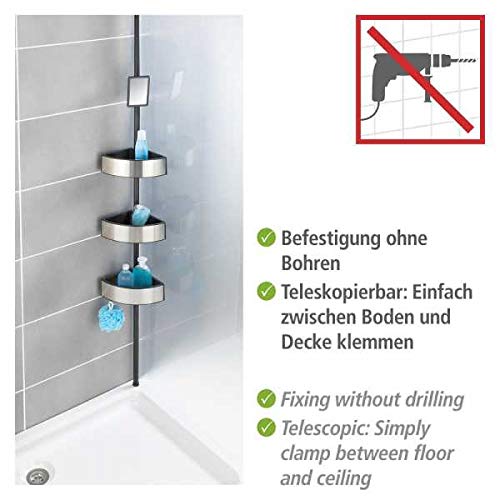 WENKO Premium Telescopic Shower Corner Rack, Aluminium, Extendible, Adjustable Bathroom Storage Compartment, 27.5x70-260x20cm, Satinised