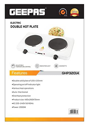 Geepas GHP32014 2000W Dual Hot Plate | Overheat protection | Cast Iron Heating Plate 155mm - Portable Electric Hob with Temperature Control for Home, Camping & Caravan Cooking