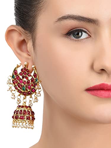 ZAVERI PEARLS Pink And Green Stones Base Metal South Indian Style Traditional Jhumki Earring For Women - Zpfk9526