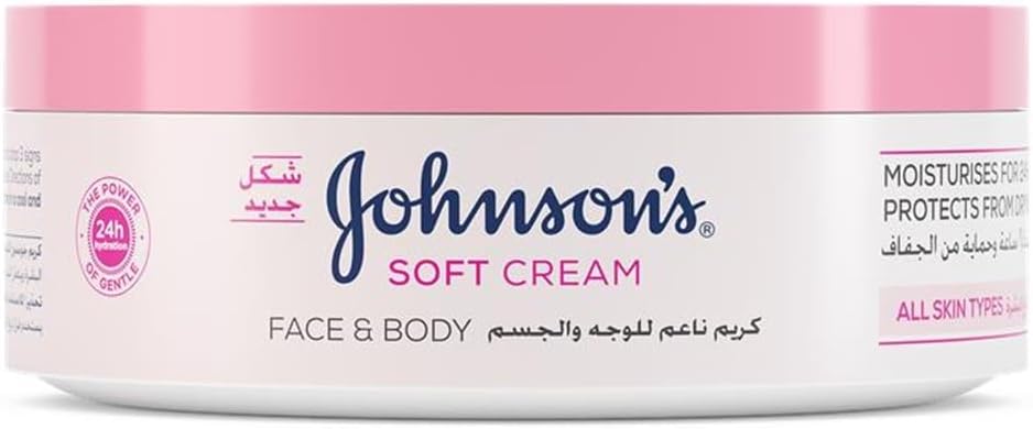 Johnson's 24 Hour Moisture Body Cream, a gentle and hydrating soft formula designed to reduce skin tightness, flakiness, and dullness, providing long-lasting comfort and a healthy glow, 300ml.
