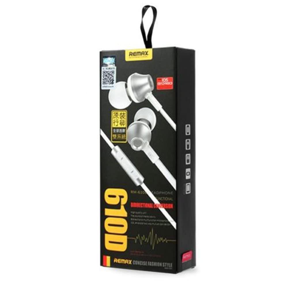 In Ear Stereo Headphones with Microphone and Noise Cancelation by Remax, Silver, RM-610D