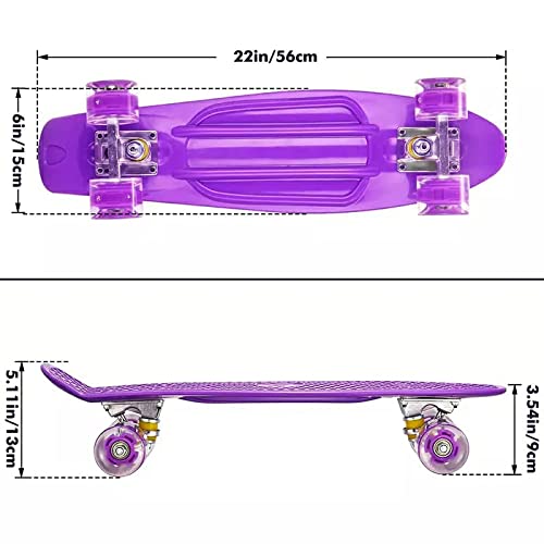 SportQ 22 Inch Full Mini Cruiser Retro Skateboard for Kids Teens Adults Flashing Wheels with Integrated T-Shaped Skateboard for Beginners