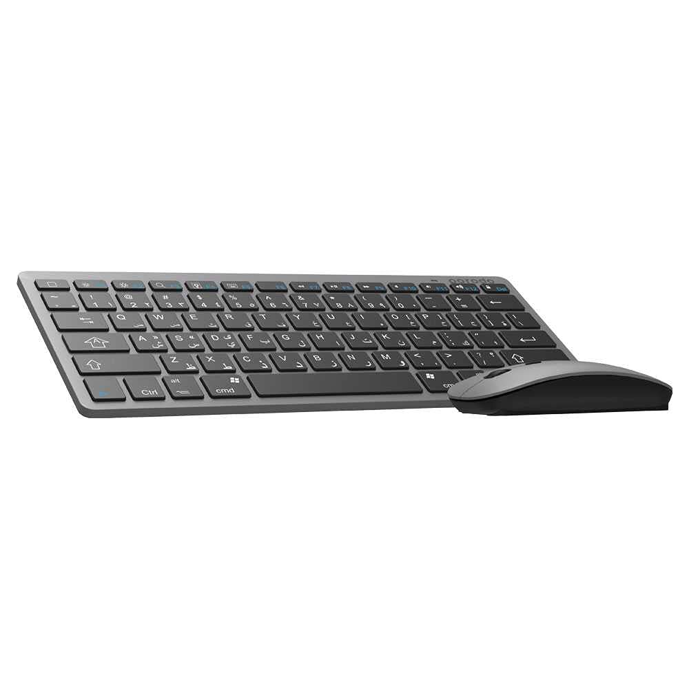 Super Slim Wireless Portable Bluetooth Keyboard with Mouse by Porodo (English/Arabic) 800-1600 DPI, Ultra-Thin Lightweight Compatible for Windows,Android and Tablets - Gray