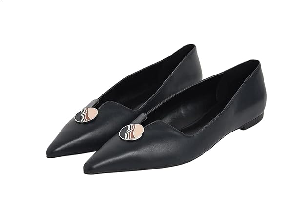 CHARLES & KEITH Women's Front Button Pointed Toe Flat Faux Leather Ballerinas - Dark Blue