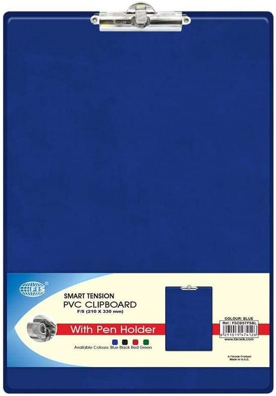 FIS Smart Tension PVC Clip Board with Pen Holder, F4 Size, Blue