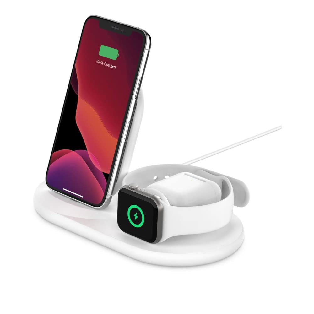 Belkin 3 in 1 Wireless Charging Station, 7.5W Wireless Charger for iPhone, Apple Watch and AirPods, Wireless Charging Dock, iPhone Charging Dock, iPhone 15, 14, 13, Apple Watch series 9, 8, 7 - White