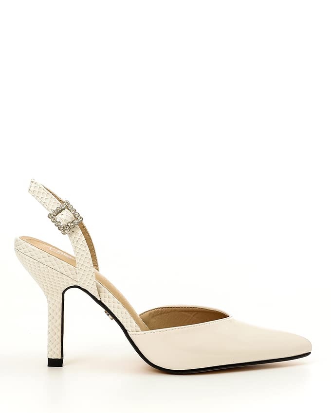 Dejavu Shiny Pointed Toe Heels With Reptile Slingback - Pale Beige - 40