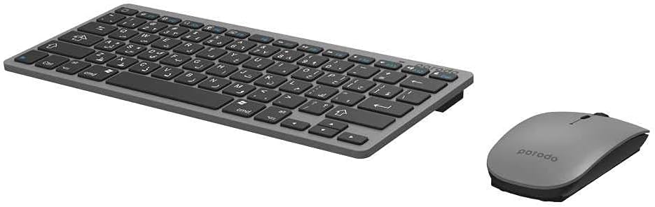 Super Slim Wireless Portable Bluetooth Keyboard with Mouse by Porodo (English/Arabic) 800-1600 DPI, Ultra-Thin Lightweight Compatible for Windows,Android and Tablets - Gray