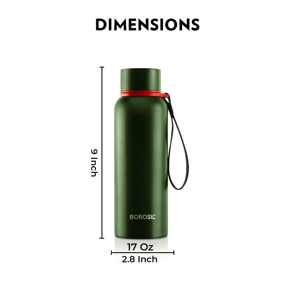 Borosil - Stainless Steel Hydra Trek - Vacuum Insulated Flask Water Bottle, 500 ML, Green