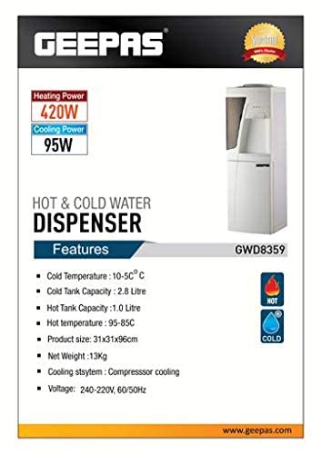 Geepas Water Dispenser Hot & Cold Stainless Steel Tank, Compressor Cooling System, Child Lock 2 Tap In 1, White, 1L And 2.8L Capacity, GWD8359