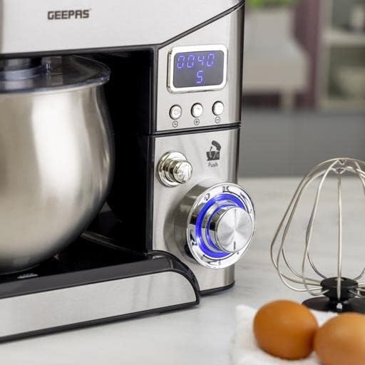 Geepas Digital Multi Function Kitchen Machine, GSM43046 6 Speed Control Electric Mixer with Dough Hook, Whisk, Beater 5L Stainless Steel Bowl Lid 1300W Powerful Motor, Silver