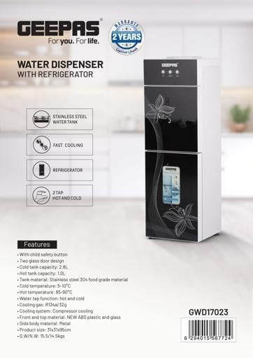 Top Loaded Water Dispenser With Refrigerator With Stainless Steel water Tank, Fast Cooling, 2 Tap- Hot & Cold, Child Safety Button, Cold Tank -2.8L Capacity, Hot Tank 1L Caacity GWD17023 Black & White