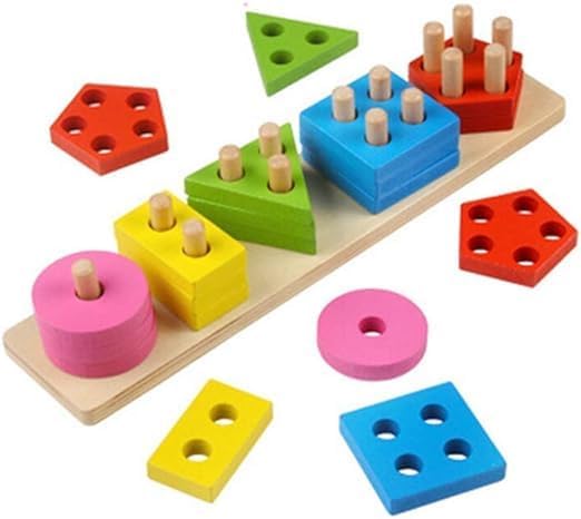 AL KHAANI Wooden Geometric Shape Matching 5-Column Montessori Educational Blocks