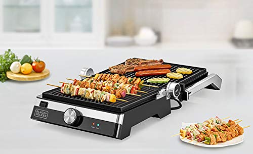 Black & Decker Family Health Grill, 2000W, 1500 cm² Double Grilling, Non-Stick, 180° Full Flat Grill, Temperature Control, 5 Adjustable Heights, Die-Cast Aluminium Plates, CG2000-B5