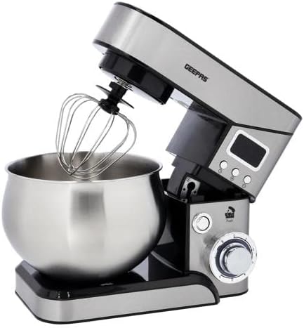 Geepas Digital Multi Function Kitchen Machine, GSM43046 6 Speed Control Electric Mixer with Dough Hook, Whisk, Beater 5L Stainless Steel Bowl Lid 1300W Powerful Motor, Silver