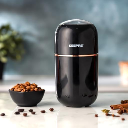 Geepas Coffee Grinder- GCG41023/ 80 g Capacity, 200 W Powerful Motor, Durable Stainless Steel Jar and Blade/Ergonomic Grip, Perfect for Grinding Coffee Beans, Spices etc./ Black