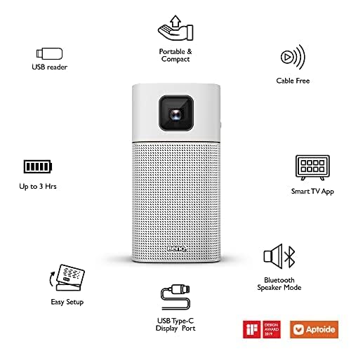 BenQ GV1 Wireless 200 Lumen Mini Portable Projector|5W Bluetooth Speaker|WiFi Projector| Built in Apps | USB-C, HDMI | Cast & Play |Android Projector| 3Hr Battery|Movie Projector |Outdoor Projector