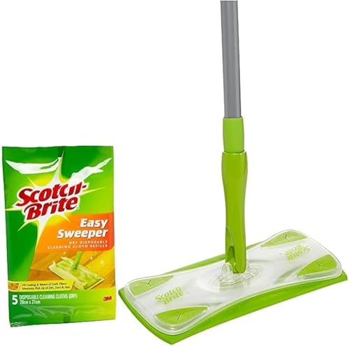 Scotch-Brite Easy Sweeper Kit (Support + Stick + 5 Mop Wet Cloths 28cm x 21cm) | Disposable Mop & Refill | Floor Brush | clean effectively| Hygienic | Wood | Vinyl | Ceramic | All Floors | 1 Kit/pack