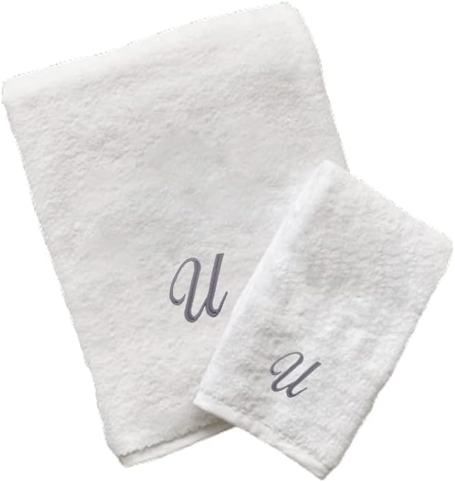 BYFT Embroidered For You (White) Luxury Monogrammed Towels (Set of 1 Hand & 1 Bath Towel) 100% Cotton, Highly Absorbent and Quick dry,Classic Hotel and Spa Quality Bath Linen-600 Gsm (Silver Letter U)