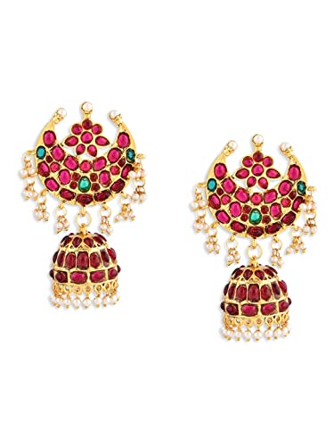 ZAVERI PEARLS Pink And Green Stones Base Metal South Indian Style Traditional Jhumki Earring For Women - Zpfk9526