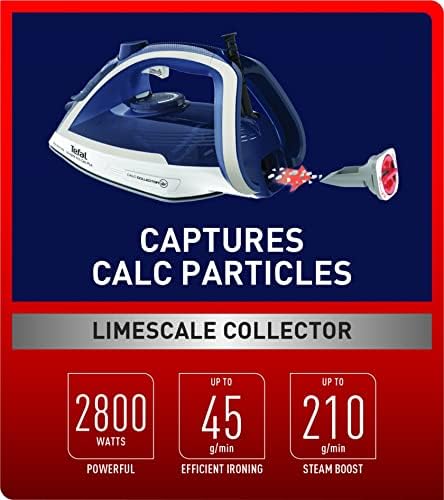 مكواة بخار Tefal Ultraglide Anti-Calc Plus، سعة 270 مل، 2800 واط، أزرق/فضي، بلاستيك/Durilium Airglide، موديل FV5820G0

