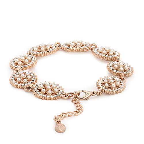 Estele 24 Kt Rose Gold Plated Pearl Flower Cluster Tennis Bracelet Adjustable