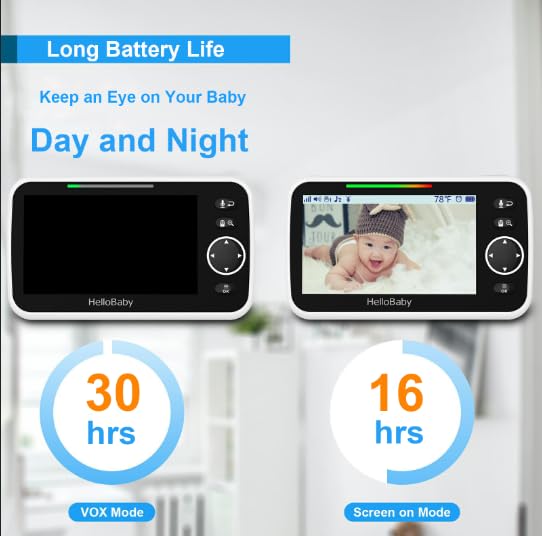 جهاز مراقبة HelloBaby المطور، شاشة 5 بوصات مع بطارية تدوم 30 ساعة، جهاز مراقبة فيديو للأطفال مع كاميرا وصوت، رؤية ليلية، VOX، حديث ثنائي الاتجاه، 8 تهويدات ومدى 1000 قدم بدون واي فاي، هدايا مثالية