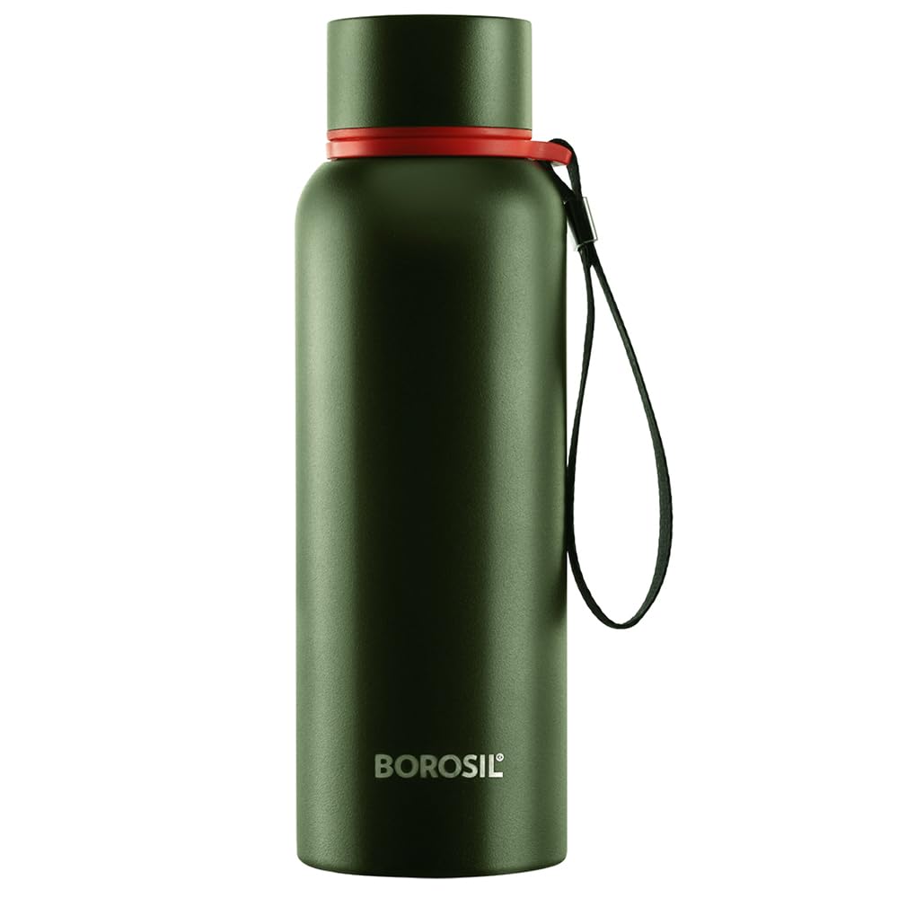 BOROSIL VACUUM INSULATED COPPER COATED INNER TREK Water Bottle|Sports Bottle|Yoga Bottle|Outdoor|PortableLeak Proof|ReusableWater Bottle GREEN, 850ML