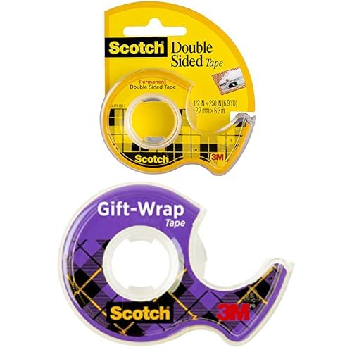 Scotch Double Sided Clear Tape 1 roll/dispenser 1/2 x 250 in + Giftwrap Tape on a Dispenser 3/4 x 650 in