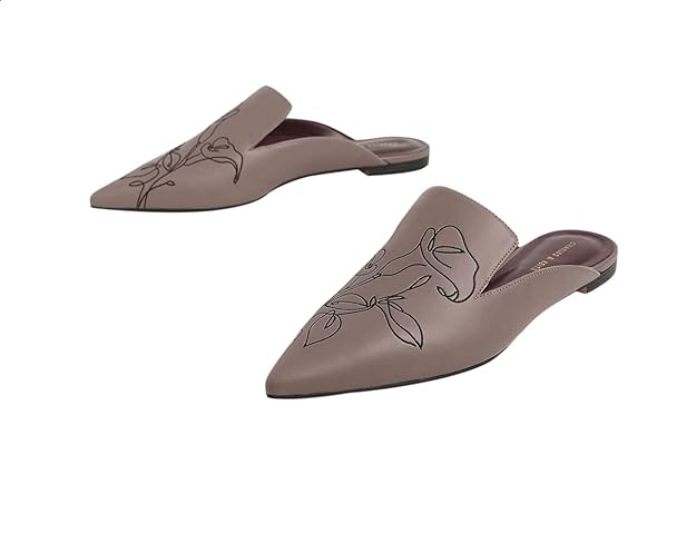 CHARLES & KEITH Floral Embroidered Pointed Toe Faux Leather Slip-On Mules for Women