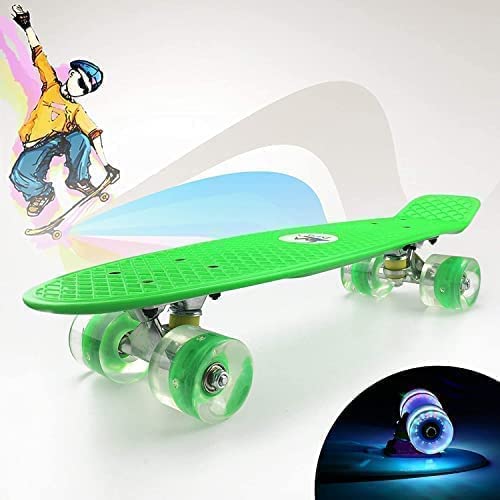 SportQ 22 Inch Mini Skateboard for Kids Teens Youth Adults with Colorful LED Light Wheels and Multi-Color Interpolator Skateboard for Beginners Fully Assembled