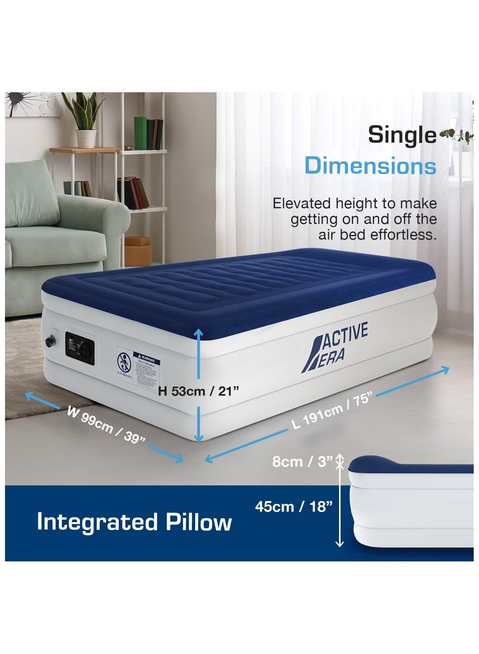 ACTIVE ERA Luxury Single Size Inflatable Mattress - Elevated Air Mattress with Built-in Pump, Raised Pillow & Structured I-Beam Technology